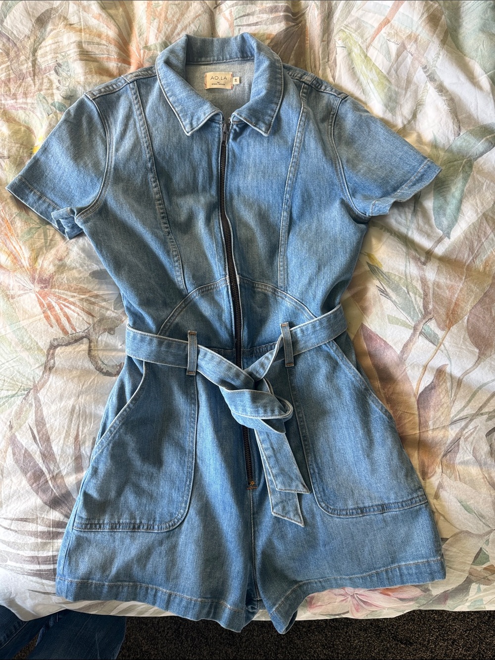 Alice and Olivia Light Blue Denim Romper with Belt